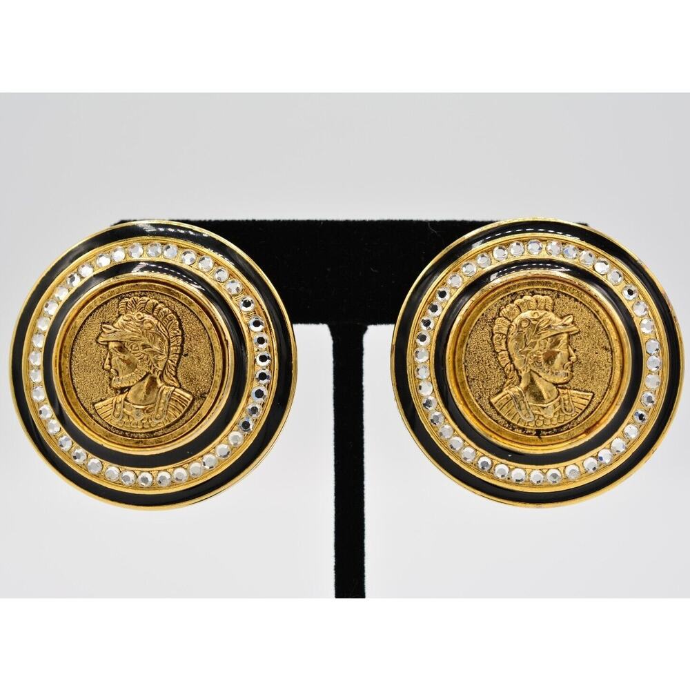 Craft Vintage Spartan Coin Clip On Earrings Roman Gold Crystal Signed 80s BinAS